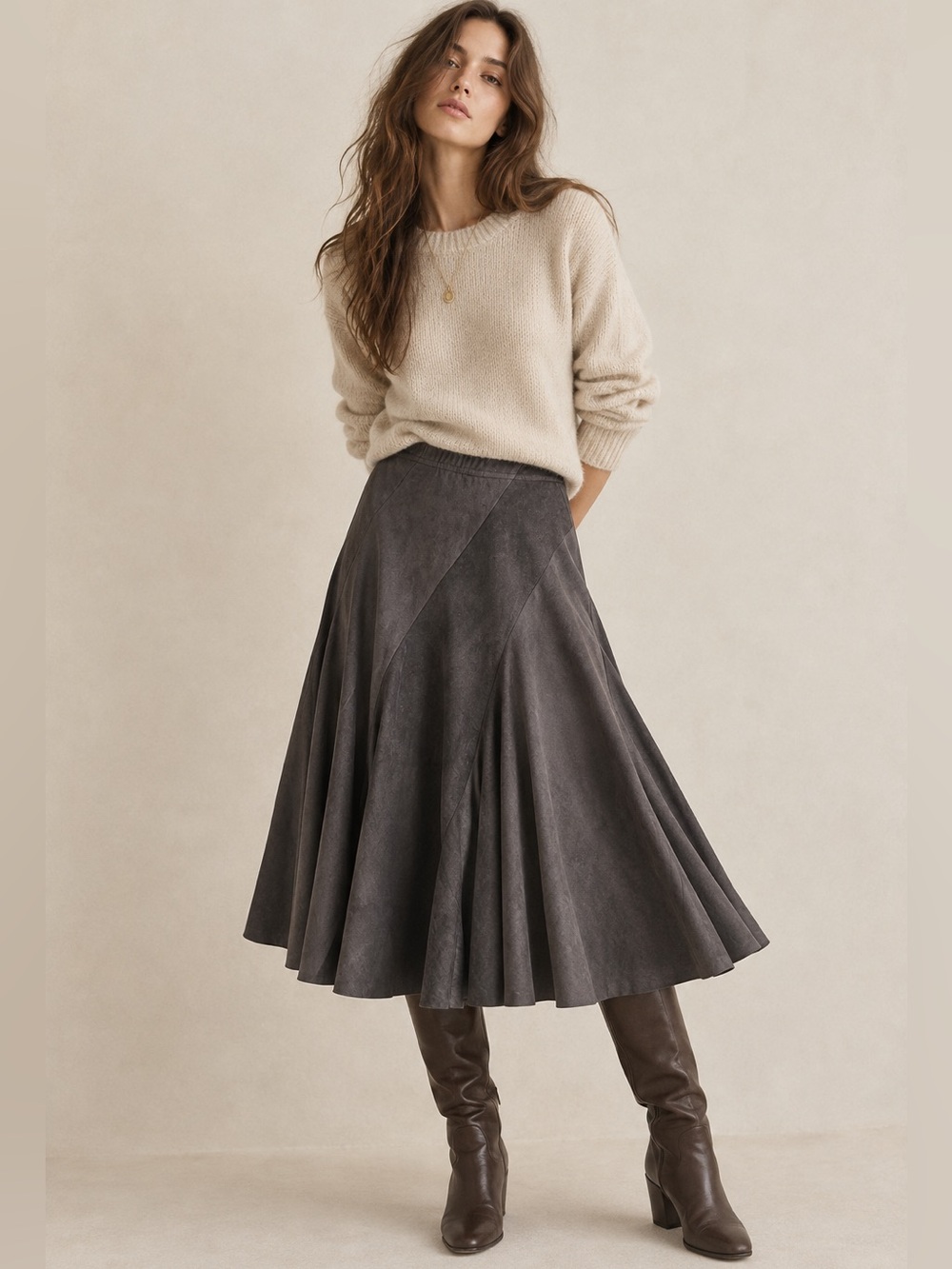 JOH Faux Suede Paneled Midi Skirt Charcoal Flowy A-Line Size S